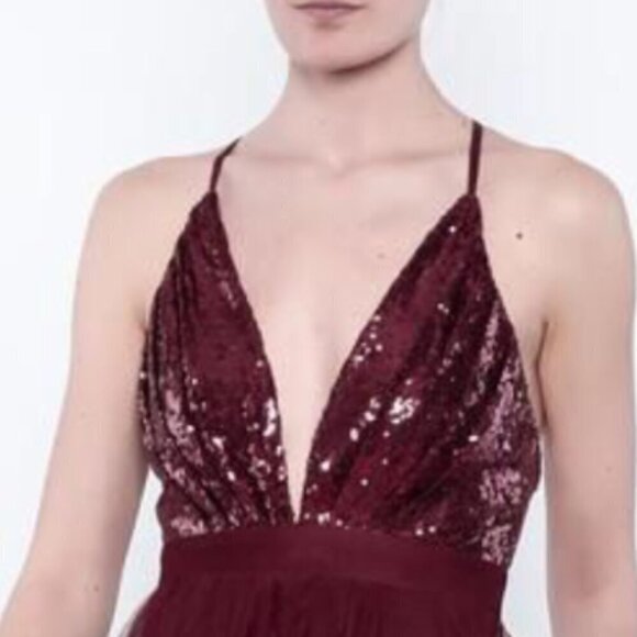 Luxxel SZ L Wine Tulle Sequin Bust Formal Gown Prom Black Tie Bridesmaid Sexy - Picture 2 of 14